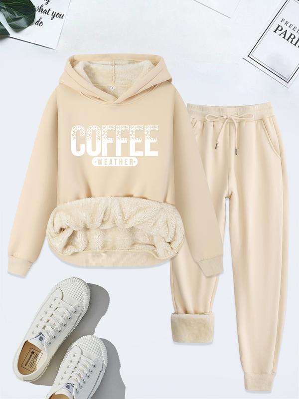 Women's Coffee Weather Print Hoodie & Sweatpants Set, Fleece Lined Thick Casual, Fall Winter Two-Piece Set, Plain Style