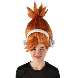 HPO DJ Ponytail Updo Orange Wig with White Costume Headphones  | Complete Cosplay Set for Halloween and Themed Events | Synthetic Fiber