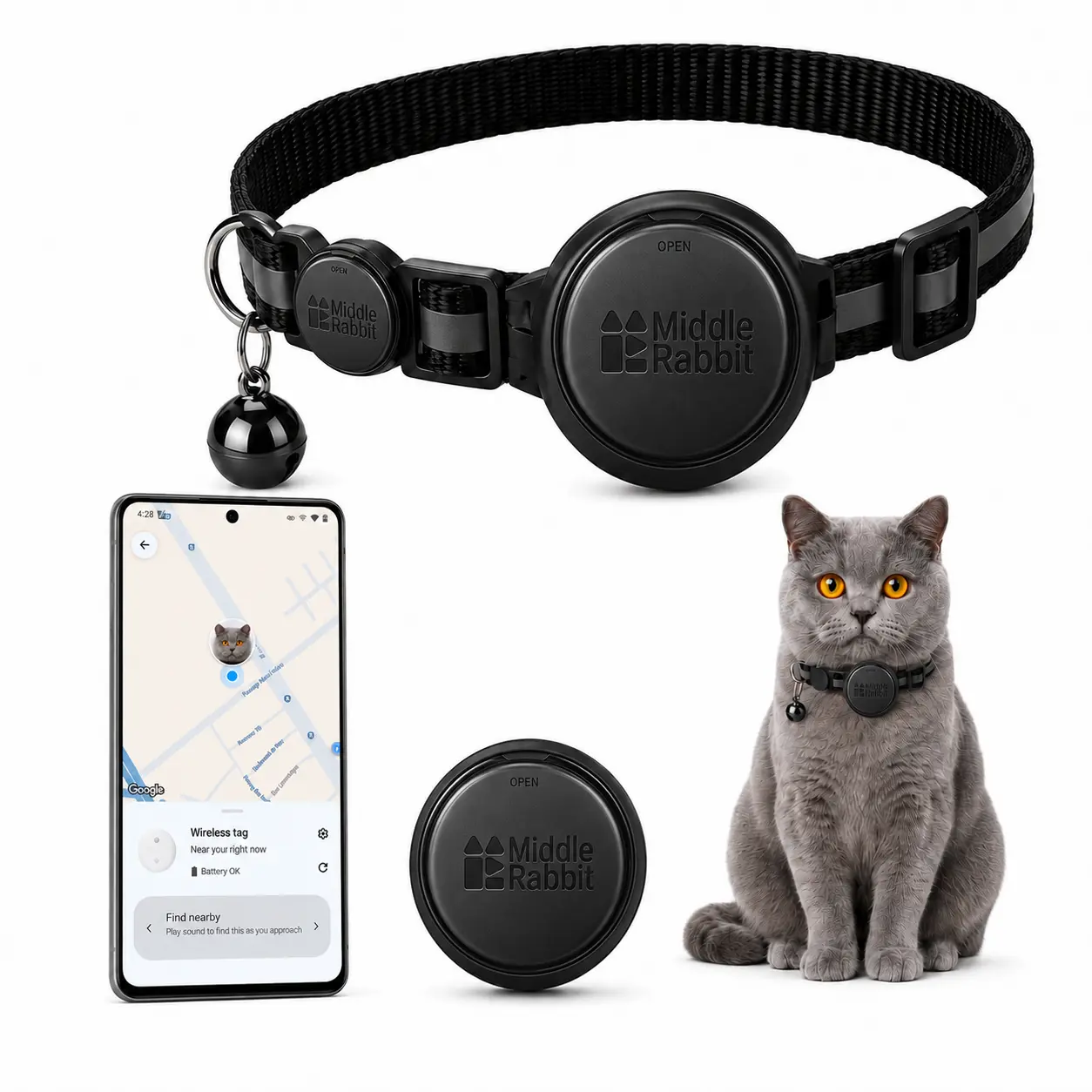 Cat Tracker for Android with Collar, GPS Pet Tracking Tag for Cats, Android Airtag Alternative, Cat Collar with Tracker Holder, Compatible with Google Find My Device, No Subscription Needed