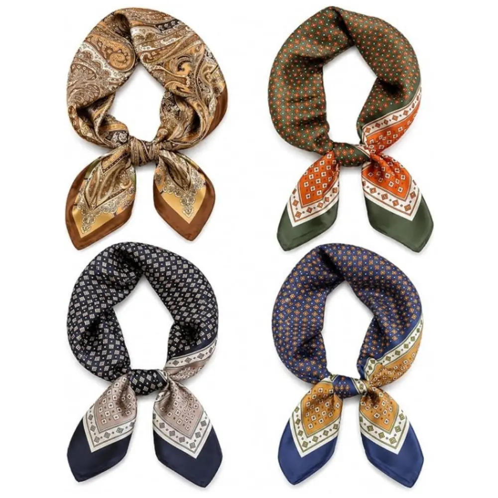 4PCS Vintage Feel Square Scarf for Men Satin Bandana Tiny Pattern Print Neckerchief Geometry Head Scarf Fashion