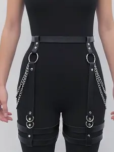 Adjustable Women's Waist Belt and Leg Straps, Leather Thigh Cincher with Metal Chain Decor, Festival Party, Versatile Clothing
