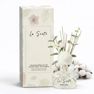 La Sente Essential Oil Reed Diffuser Set, Glass Bottle with Black Rattan Sticks, Dried White Flowers, 8.5fl oz, 250ml