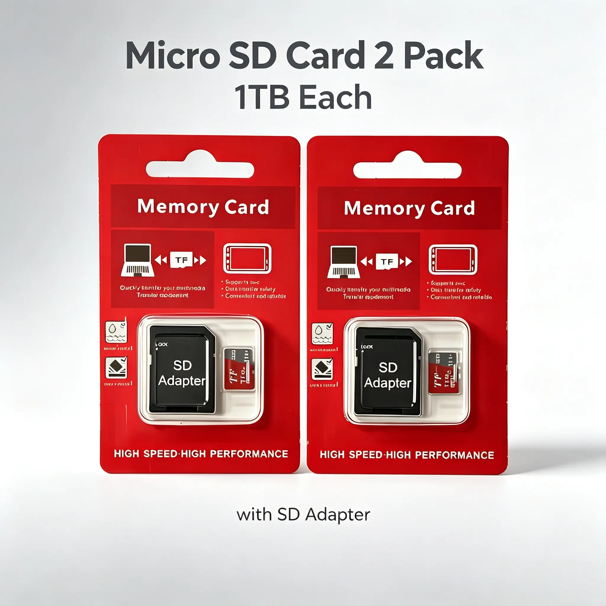 2 Unit x 1 TB Micro TF memory cards with SD card adapter,+Card reader, suitable for devices such as cameras, phones, tablets, and surveillance cameras that support expansion cards