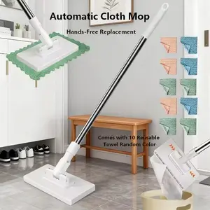 No-Wash Mop Uses Disposable Face Towel, Automatic Cloth Mop,Hands-Free Replacement, Dry & Wet Multi Surface Floor Cleaning Tool for Bathroom Cleaning,CleanTok Home Essentials,Comes with 10 Reusable Towels, Random Color