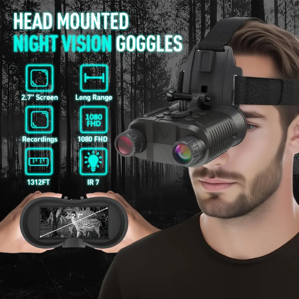 Head-Mounted Night Vision Goggles - 1312ft Long Range, 8X Magnification, 32GB TF Card, 1080p FHD, 2.7-Inch Screen, 3 Usage Modes, 3W 850nm Spotlight, High-Quality Imaging, USB Charging, Military Tactical Helmet Compatible for Hunting, Camping, 350-400M