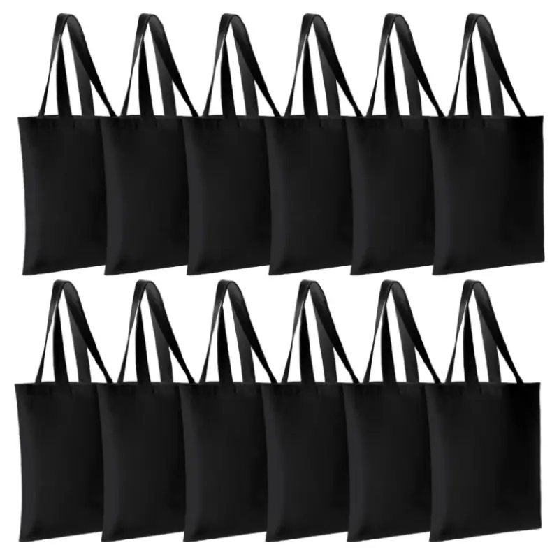 12-Pack 16"x14" Black Cotton Tote Bag, Lightweight Medium Reusable Grocery Shopping Cloth Bags, Suitable for DIY, Gift, Activity