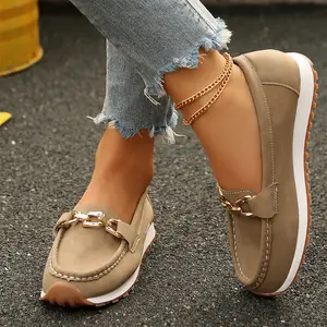 Women's Loafers Shoes with Chain, Round Retro Toe Comfortable Slip On Work Slip On Flats Beige