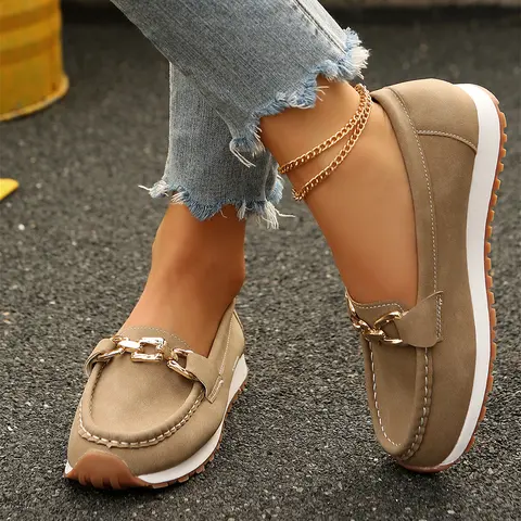 Women's Loafers Shoes with Chain, Round Retro Toe Comfortable Slip On Work Slip On Flats Beige Summer Vibes