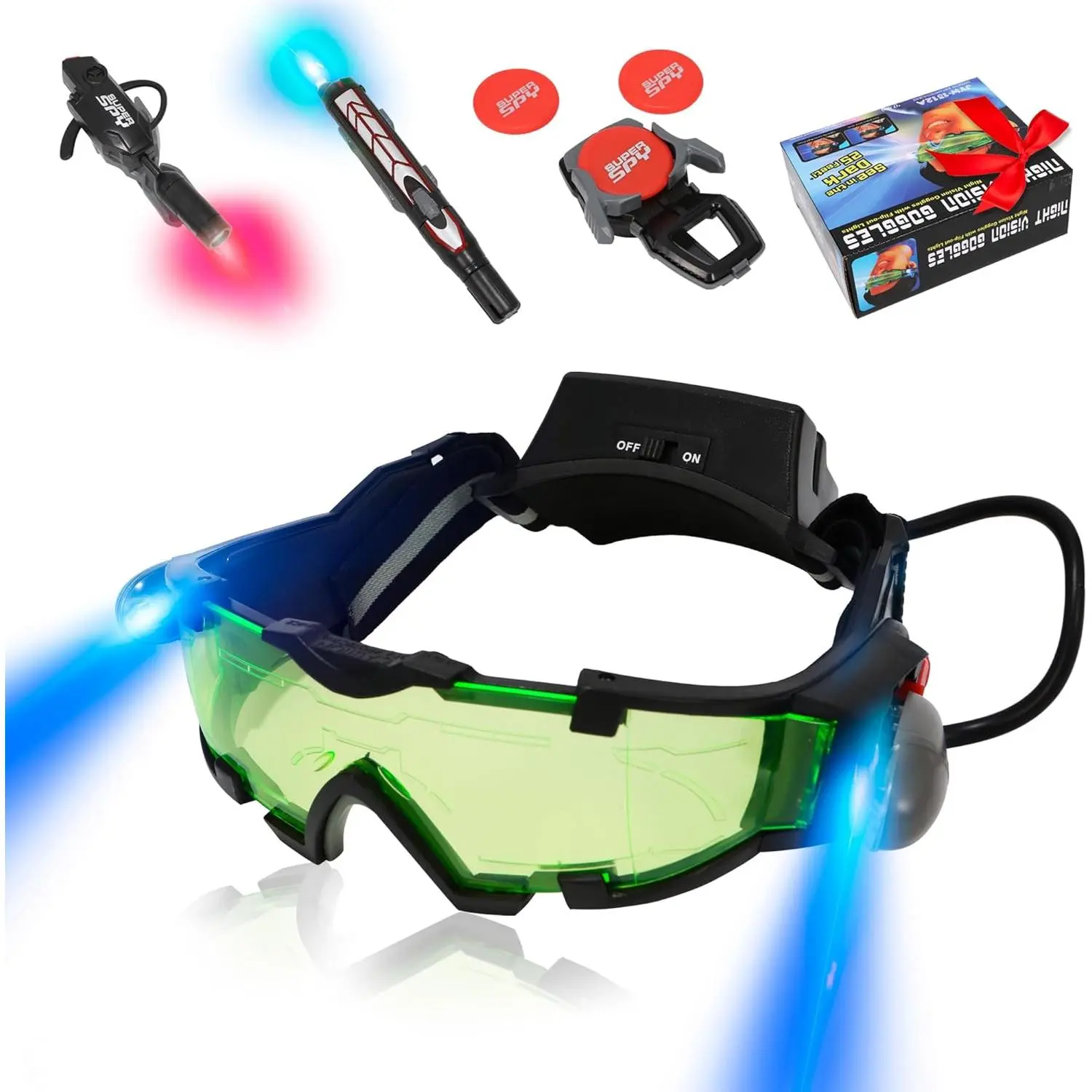 Kids Night Vision Goggles Spy Kit, 4 Pcs Spy Gear Toy Set with Flip-Out Light, Invisible Ink Pen, Ear Light and Frisbee Shooter for Boys Girls Ages 5-12, Missions and Pretend Play