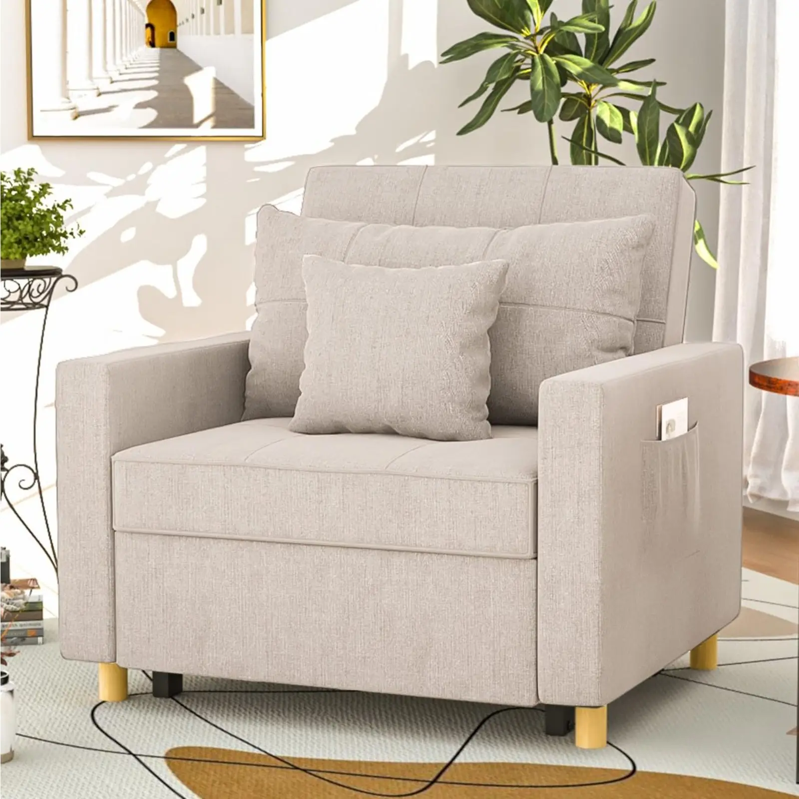 Sleeper Chair-3-in-1 Convertible Chair Bed with Adjustable Backrest, Extra Wide Pull-Out Sofa Bed for Space Saving
