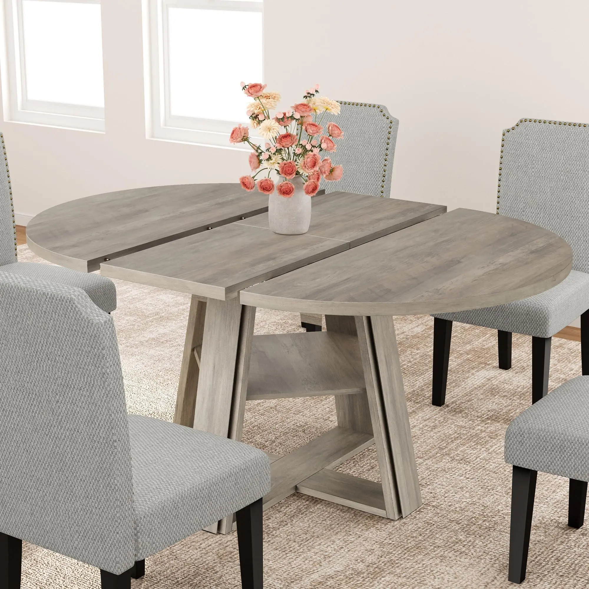 GAOMON 43.3in-59in Extendable Round Dining Table for 6, Oval Dining Table，Removable Leaves, Space Saving, Wood Base, Storage Shelf, for Kitchen Living Room Dining Room