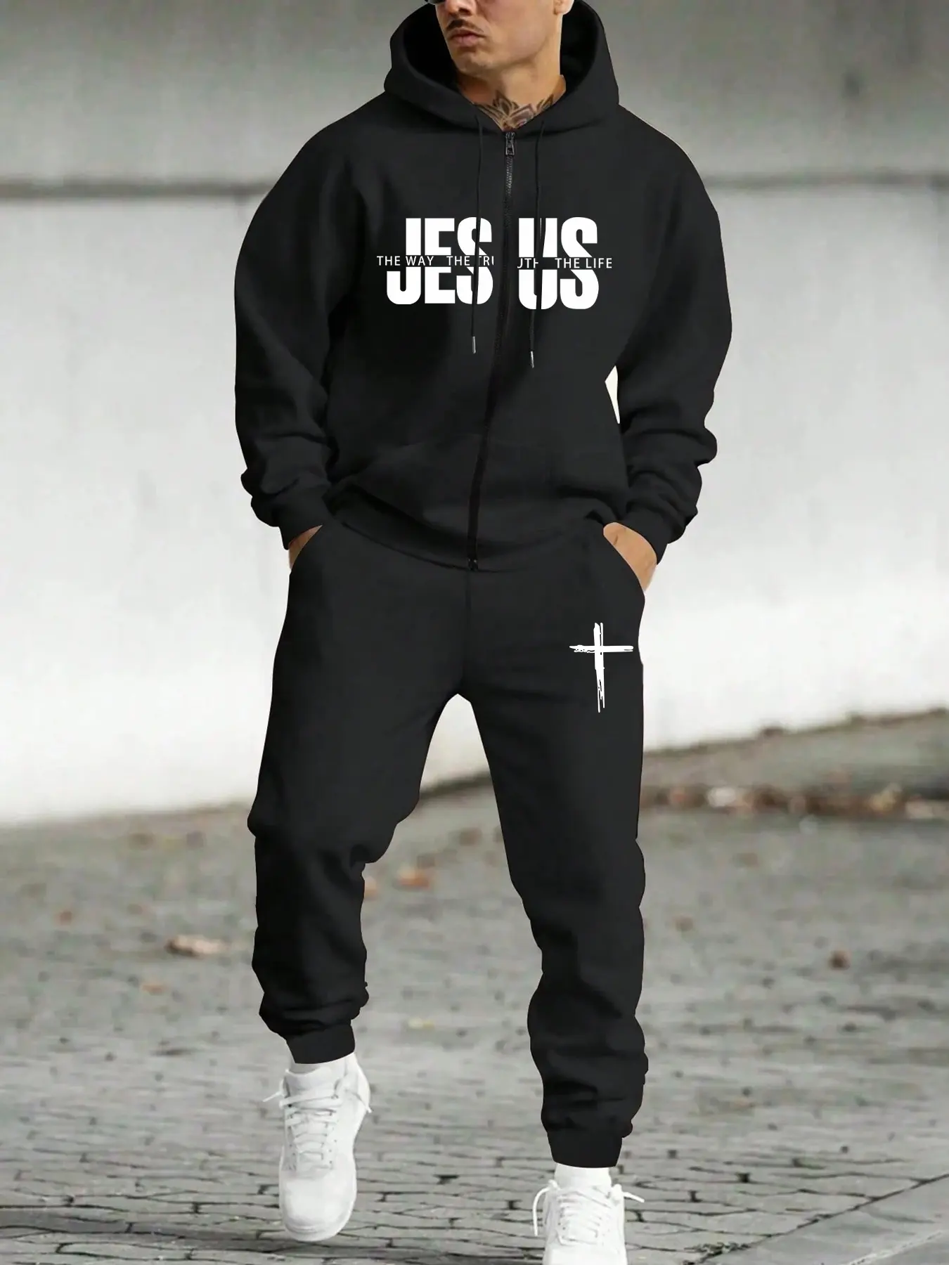Men'sChristian Faith Casual Apparel Set! Oversized Brown Fleece Lined Zip-Up Hoodie with "JESUS" Print & Cross Joggers. Perfect for Church Attire and Winter Comfort! #ChristianTikTok