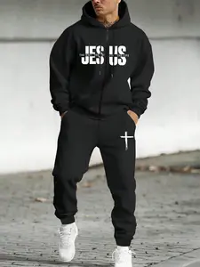 Men'sChristian Faith Apparel Set! Oversized Brown Fleece Lined Zip-Up Hoodie with "JESUS" Print & Cross Joggers. Perfect for Church Attire and Winter Comfort! #ChristianTikTok
