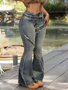 Women's Blue Vintage Style Frayed Hem Jeans, Casual Loose Fit Long Pants, Streetwear Dragging Floor Length, All Seasons