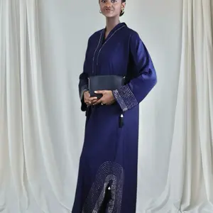 Ayesha’s Collection Turkish Style Abaya Navy Blue with Long Sleeves Rhinestone Embellishments V-Neck Open Front Button Down All-Season Comfort