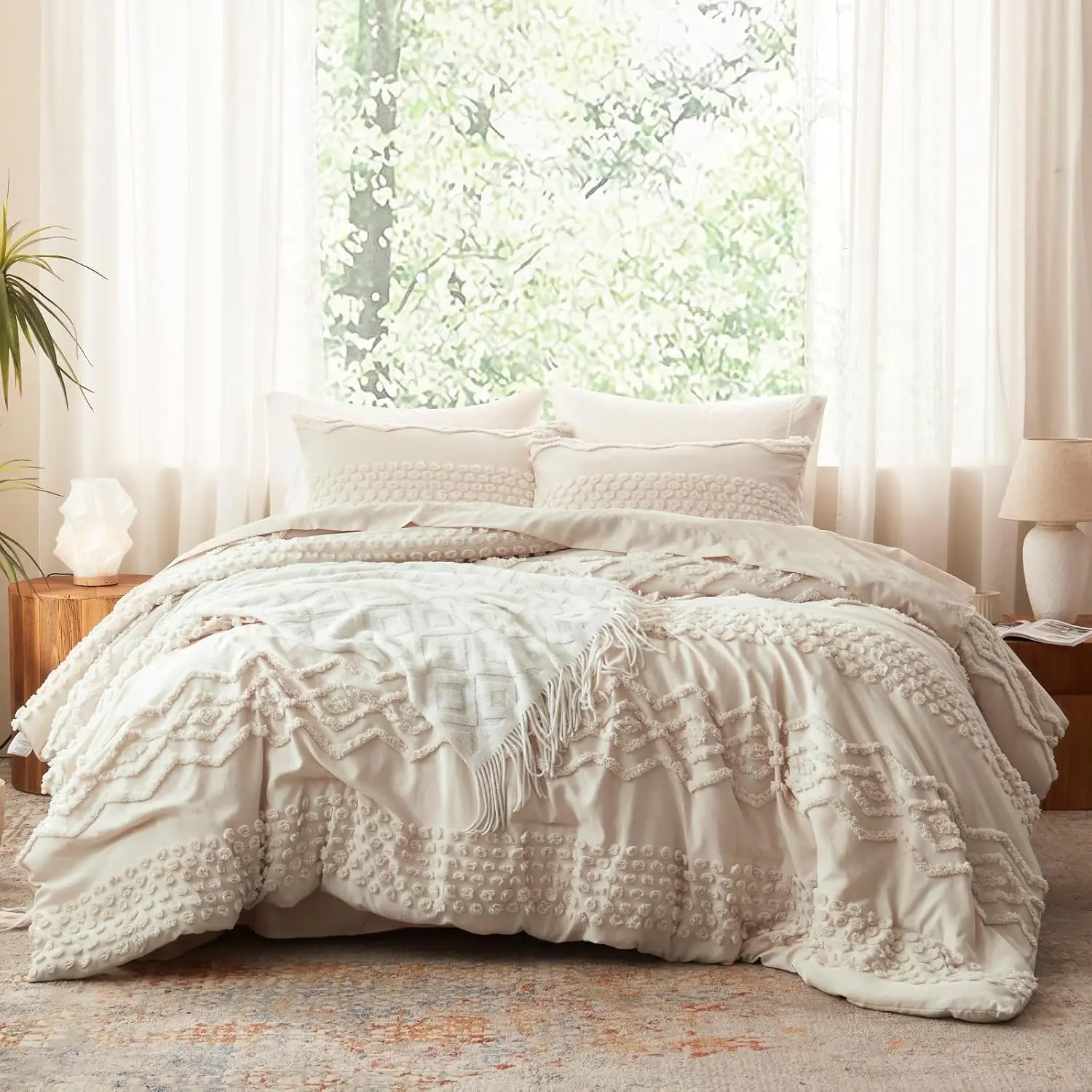 Beige Tufted Comforter Set King Size 3 Pieces Boho Comforter Farmhouse Embroidery Bed Set Soft Comforter for All (Beige, 104''x90'')