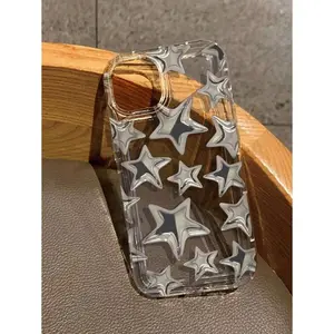 Y2k Apple Transparent Phone Case With Silver Star Print, Anti-Dust Phone Protective Cover