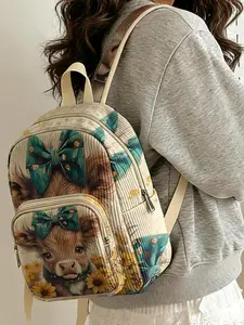 1 piece of dog and flower pattern 2D printed ladies' backpack, Casual Backpack, velvet texture + layered storage + light weight reduction | perfect for students to go to class/shopping/short trips | combines atmosphere with practicality