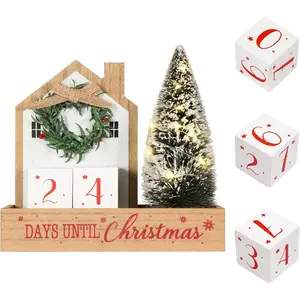 Christmas Tree Countdown Block LED Lighted 99 Days Until Christmas Wreath Calendar Tabletop with Timer Number Date Rustic Wooden Home Decor Holiday Xmas Ornament Desk Decoration Gift