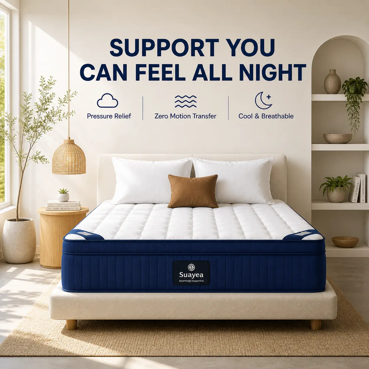 SUAYEA 12/14 inch Queen/California King Size Hybrid Mattress in a Box,Medium Firm Spring Mattress with Lumbar Support,Pocket Springs,Gel Memory Foam,Reinforced Edge Support,Back Relief,Cloud Quilt Comfort(for Home Use)