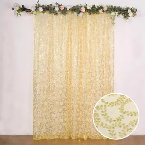 Gold Embroider Sequin Backdrop Drape Curtain, Sparkly Sheer Event Divider Panel With Embroidery Leaf - 8ftx8ft
