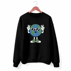 Cozy Earth Day Sweatshirt with Funny Planet and Peace Hand – Unisex Long Sleeve Shirt