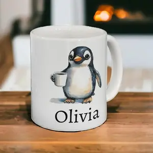 Personalized Penguin Ceramic Coffee Mug, Custom Name Olivia, Dishwasher Safe, Cute Penguin Design, Ideal Gift for Holidays