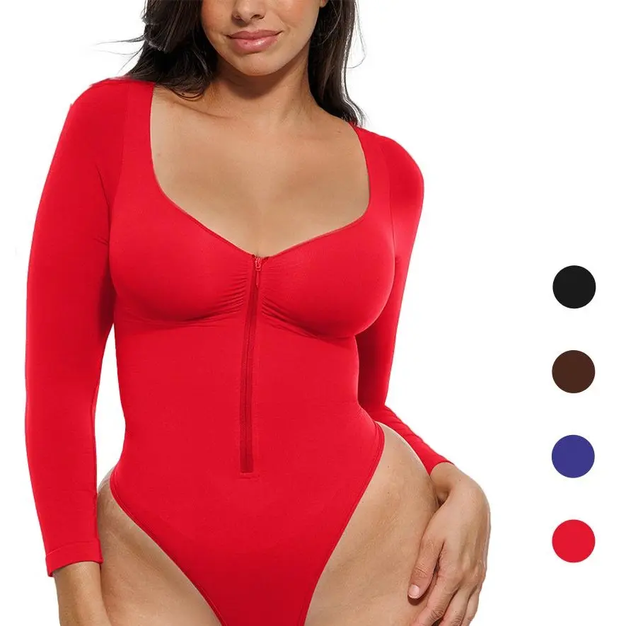Shapellx Seamless Full-Body Zipper Shaper Bodysuit | Fitted Long Sleeve Shapewear with Bust Support & Thong Bottom for Women Back to School