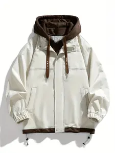 Tide Brand Men's Hooded Jacket Spring Autumn Loose Fit Casual Youth Student Coat with Brown Trim and Drawstring Long Sleeve Oversize White Aesthetic Menswear Polyester