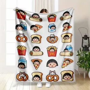 Chibi Maruko-chan Kawaii Food Flannel Blanket Cute Anime Cartoon Fries Burrito Pizza Bread Pretzel Milk Print Soft Cozy Lightweight Throw for Sofa Bed Dorm Travel Picnic Gift Decor