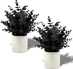 2 Pack Black Fake Eucalyptus Small Fake Plants Potted Artificial Plants for Halloween Decorations Shelf Desk Home (Black)
