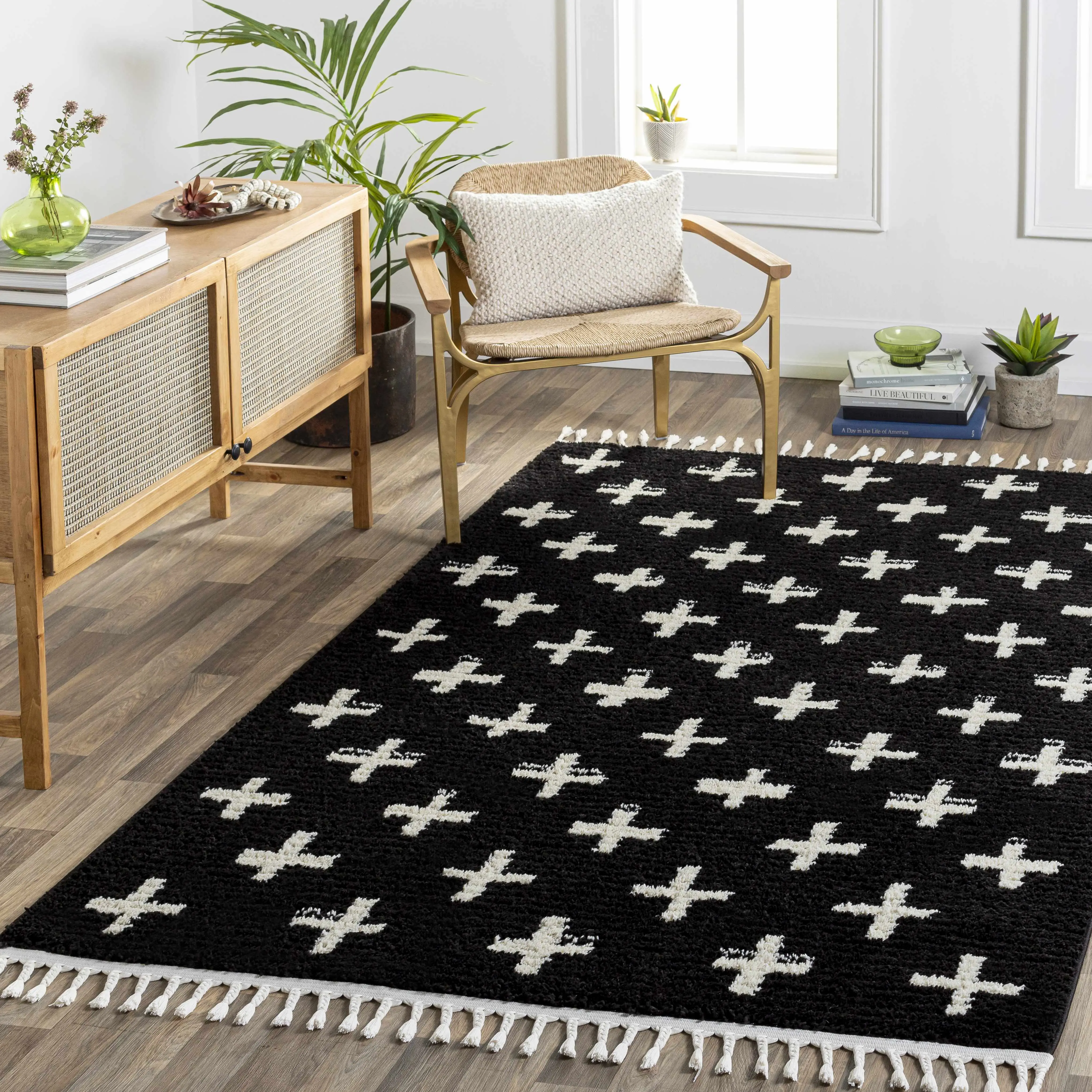 Anda White Cross Black Plush Fluffy Area Rug, Home Decor Rug for Living Room Bedroom, Home Decor Rugs