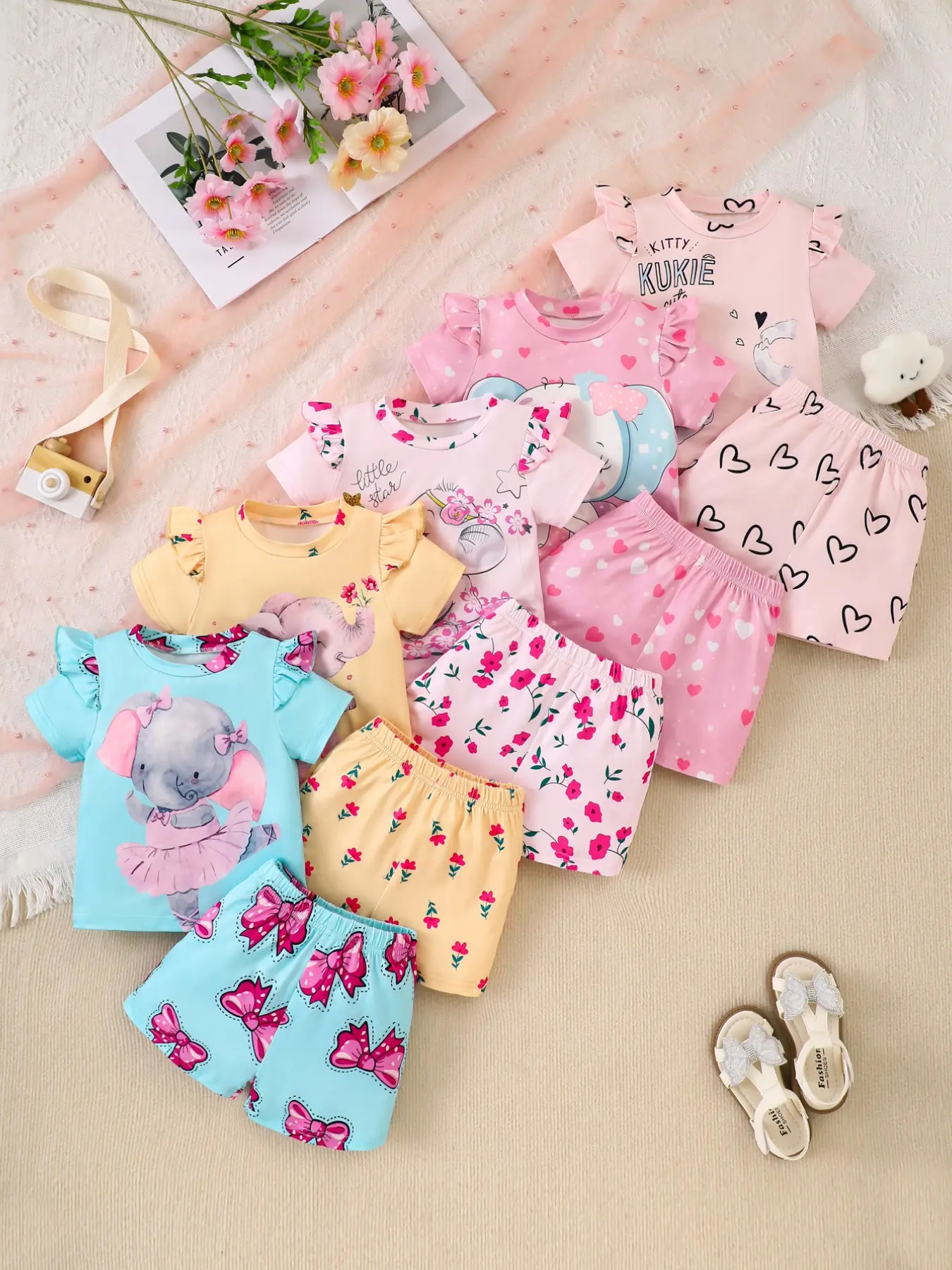 Baby Girl Elephant Print Casual Set, Soft Comfortable Fabric, Short Sleeve Top and Shorts, 10 Piece Set, Perfect for Daily Wear, Baby Clothing, Clothes, Outfits