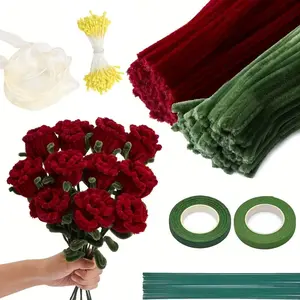 400pcs Rose Flower Bouquet Set, Artificial Roses Bouquet, Pipe Cleaner Craft Set, 2 Colors, Includes Chenille Stems, White Ribbon, Tape, Floral Wires, Glue Sticks, Suitable for DIY Flower Making, Party Decorations, Wedding Favors