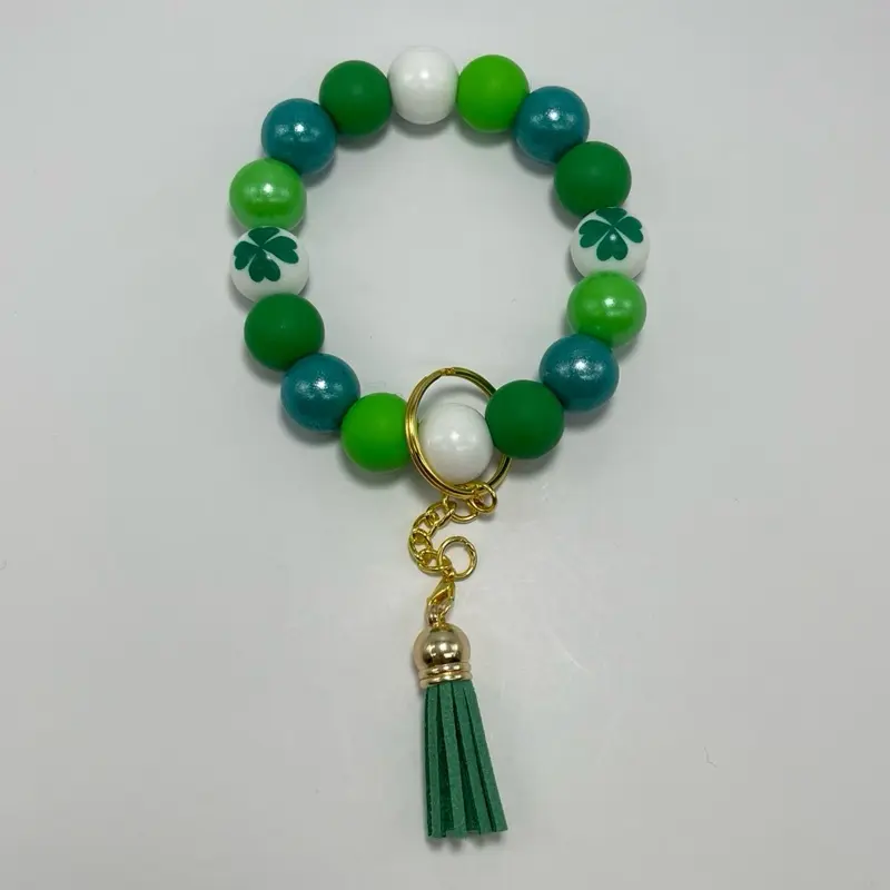 St. Patrick’s Day Keychain Wristlet with Green Beads, Pearl Accents, and Decorative Tassel