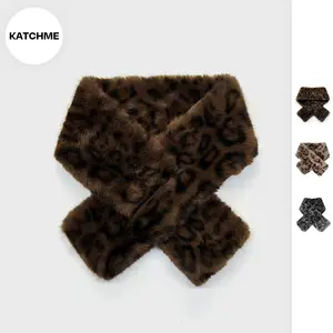 KatchMe Women's Versatile Faux Fur Leopard Print Soft Scarf, Elegant Windproof Plush Scarf for Fall & Winter, Vintage Thicken Neck Warmer Decoration