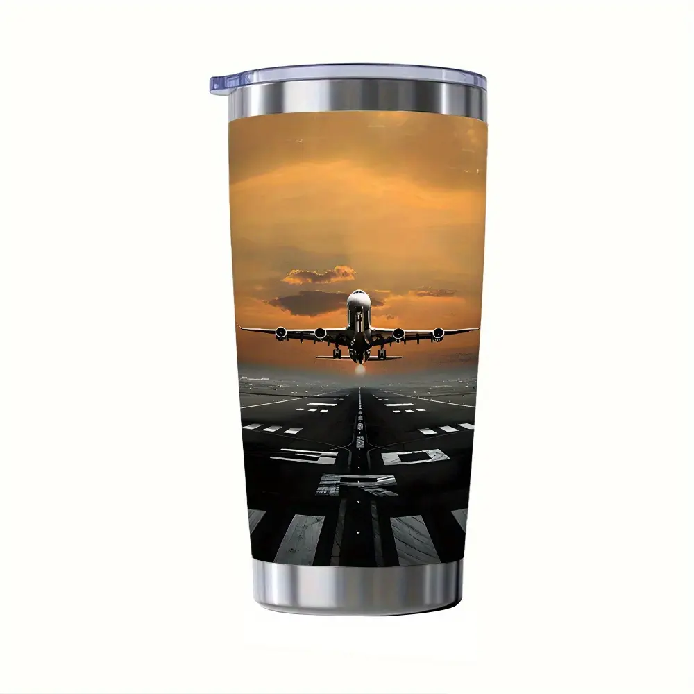 20oz (500-1,000 ml) Stainless Steel Tumbler with Airport Terminal Design, Slim Vacuum Insulated Coffee Drinkware for Adults - Leak-Proof, Heat-Resistant Camp Kitchen Gear with Lid for Travel