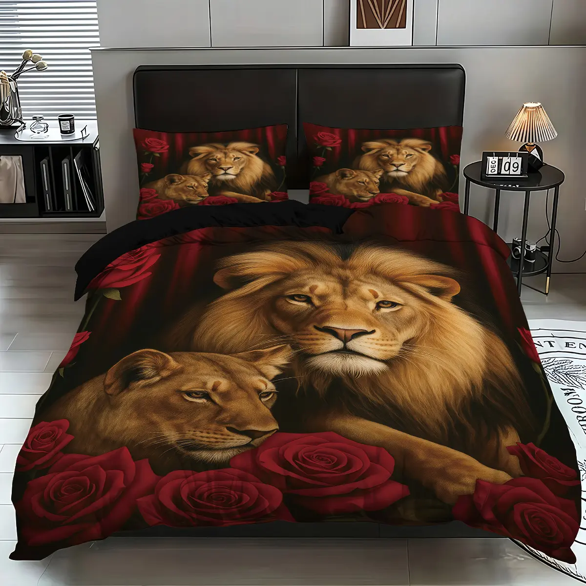 3-Piece Bedroom Decorative Bedding Set (quilt Cover + 2 Pillowcases), Lion & Rose Print, Printed Bedding Set, Soft Comfortable, Zipper Closure, Queen/king Size, Bed Sets
