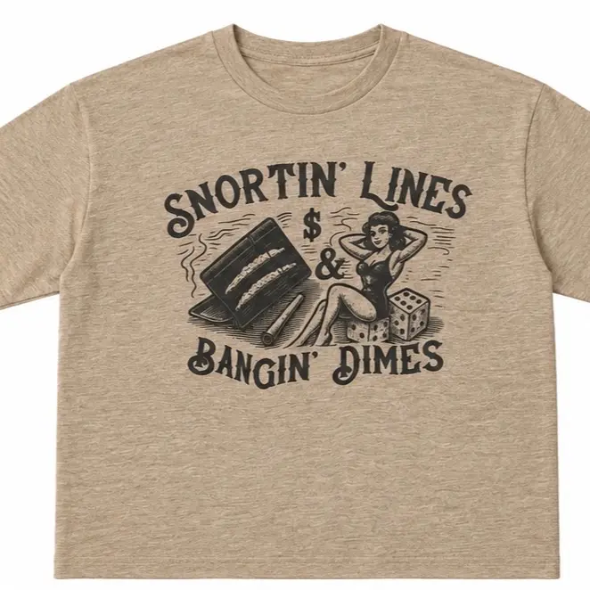 Western Outlaw Design Snorting Lines & Bangin' Dimes Gray Polyester Tee Medium Size Comfortable Fit Graphic Tee