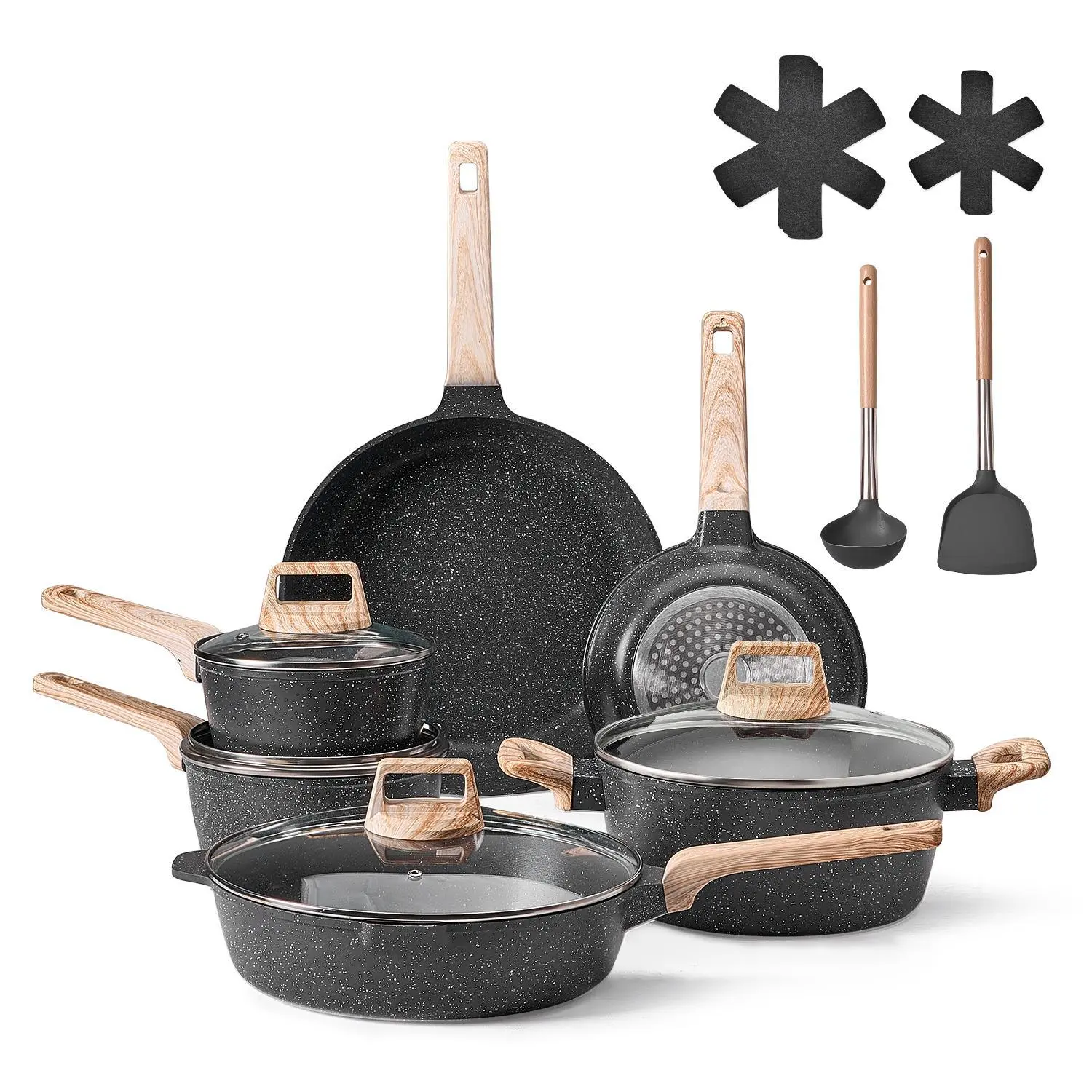 【Summerfinds】VEVOR 17 Piece Pots and Pans Set Nonstick,  , Granite Cookware Set, Induction Cookwares, Kitchen RV Cooking Sets with Frying, Sauce, Saute, Tempered Glass Lids, and Pan Protectors, Black