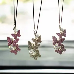 Glam Butterfly Car Mirror Decor with Pearl   Crystal Drops Car Accessories for Her