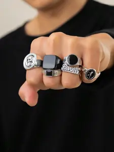 Men's Punk Style Skull Letter Rings Set, Alloy Chain Design, Street Fashion Jewelry for All Seasons, Daily Wear Accessory, Statement Rings