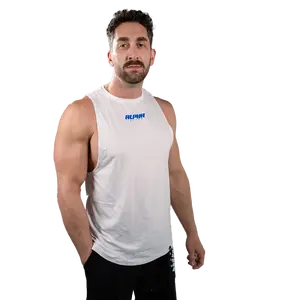 Alpha Supps Alpha Muscle Tank - White with Blue Print | 95% Polyester / 5% Spandex