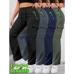 4-Piece Women's Spring/Autumn Cargo Trousers by HIDKAT – Utility Pockets & Drawstring Elastic Waist for Casual Outdoor/Daily Wear – Regular Fit Solid Color Long Design