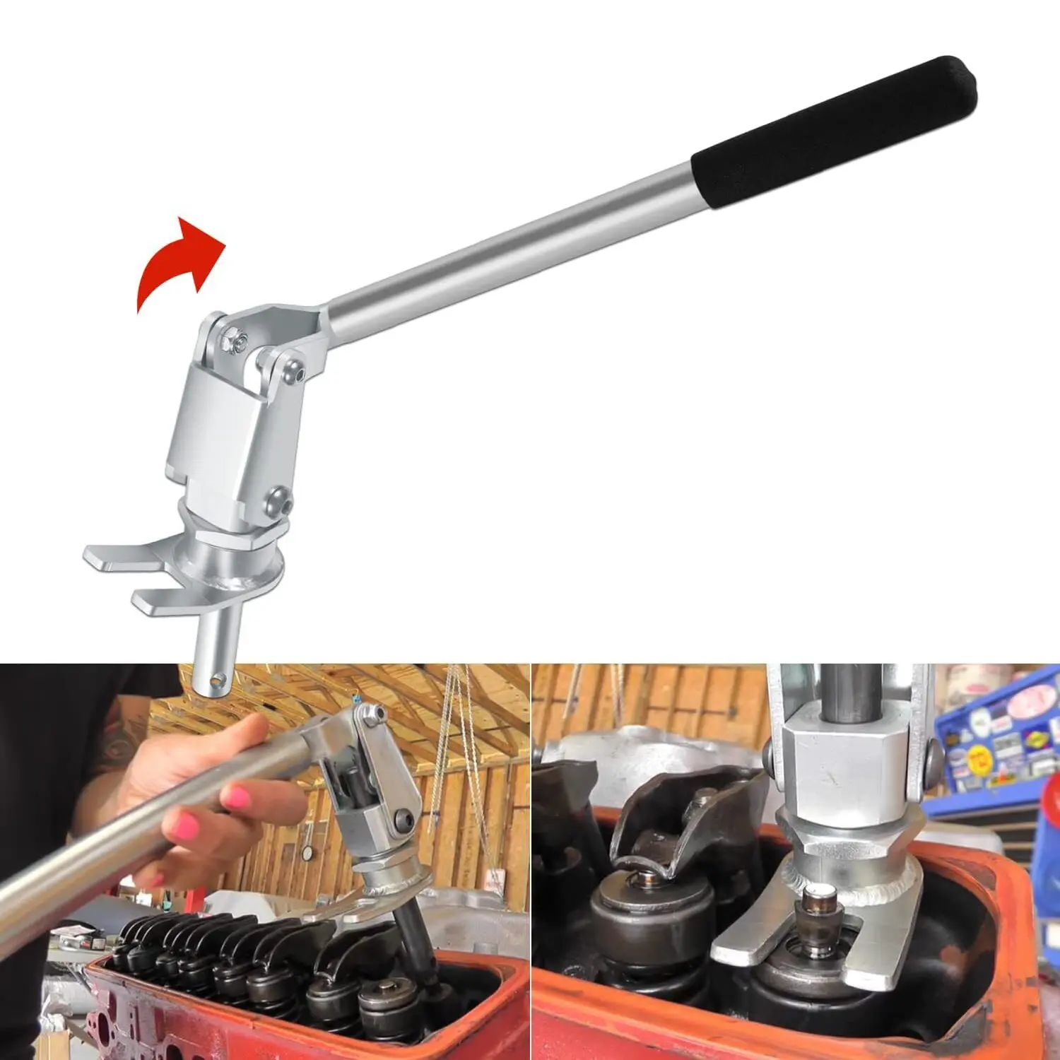 1 x 66784 Zinc-Plated Heavy Steel Stud-Mount Valve Spring Compressor Tool - 360-Degree Rotation Handle, Anti-Slip, Durable, Car Engine Repair Tool for 3/8" & 7/16" Rocker Studs Compression Installation/Removal, for Car Mechanics, Durability
