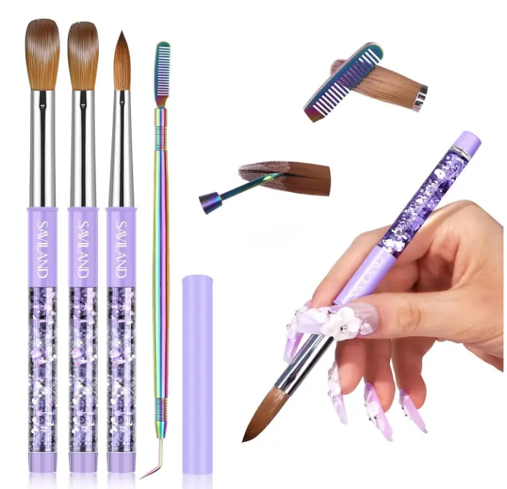 SAVILAND Kolinsky Acrylic Nail Brush Size 6,10,14 with Brush Cleaner Purple | Professional Nail Brushes, Cleaner Manicure Tool, Acrylic Brush Acrylic Powder, Nails Extension 3D Carving for Nail Art DIY