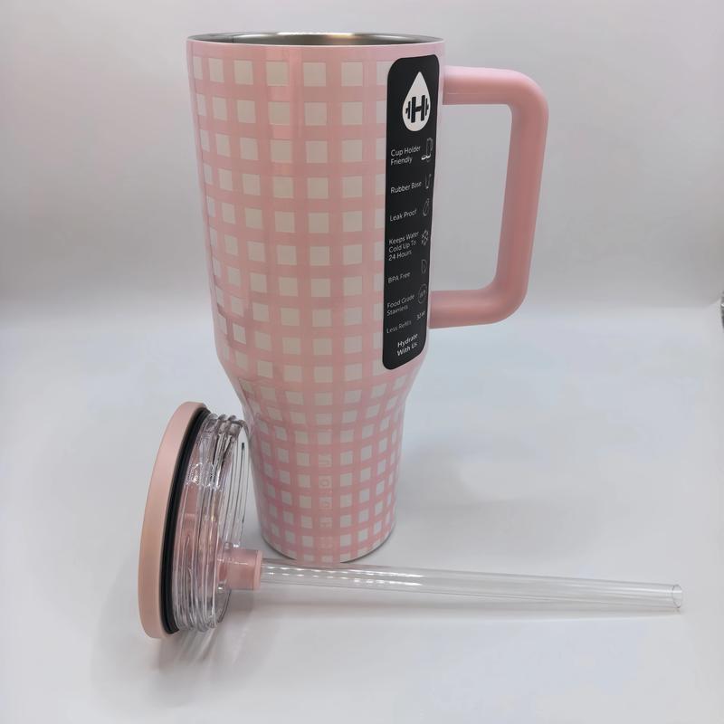 HydroJug 40oz Pink & White Plaid Insulated Water Bottle, Large Capacity Leak-Proof Travel Mug, Portable Thermal Cup for Car, Office, Sports & Outdoor Use spout handle Tumbler Personalized