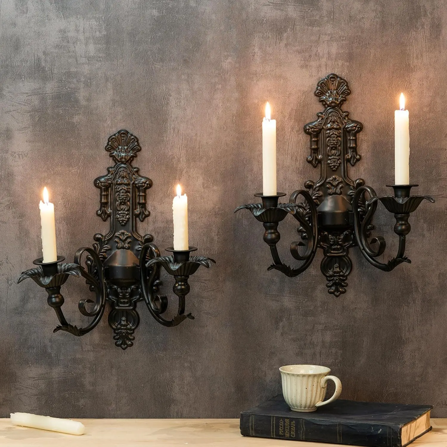 Miganest 2-Piece Vintage Tapered Wall-Mount Metal Sconces - Rustic Black Decorative Vintage Candle Stand, Home Decor Accessories for Living Room, Bathroom, Garage, Wardrobe, Toilet