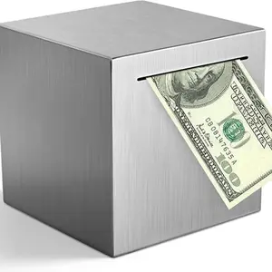 Stainless Steel Cube Adult Piggy Bank, 4.7 in Break-to-Open Money Saving Safe with Note Storage, Home Supplies Ornaments, Home Decor Gift Idea