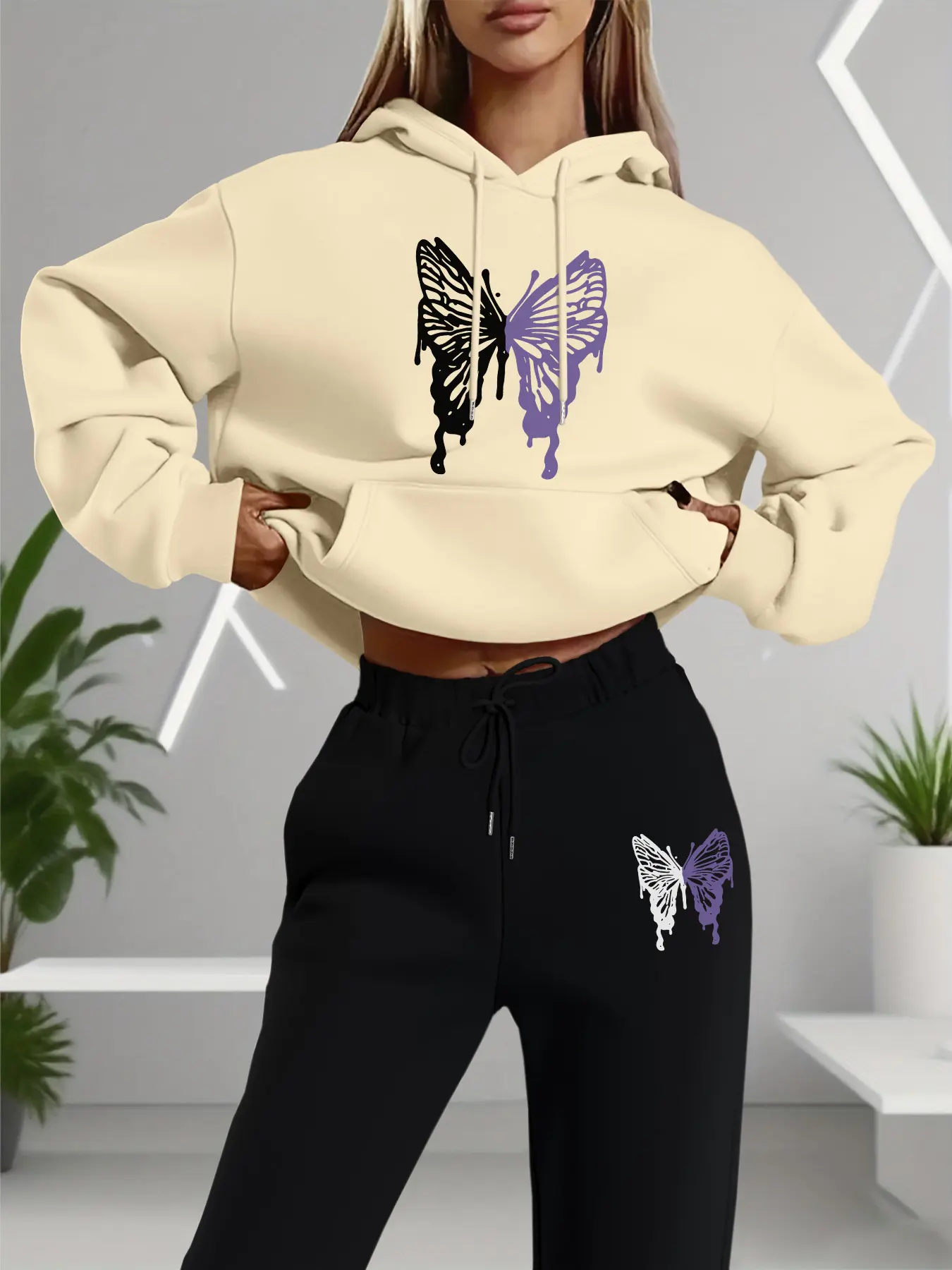 Women's Butterfly Print Hoodie & Jogger Pants Set, Casual Long Sleeve Sweatshirt, Spring Fall Fashion, Pocket Design, Two-Piece